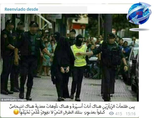 Captura de uno de los mensajes amenazantes con una foto del arresto en Gandia. / Aics