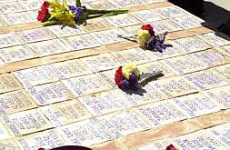 Ramos de flores sobre los nombres de las personas enterradas en la fosa común del cementerio de Paterna./
