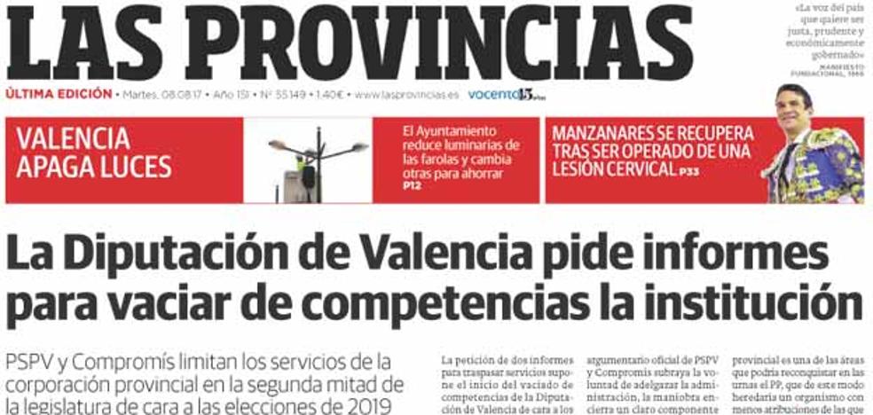 Portada de LAS PROVINCIAS del martes 8 de agosto de 2017