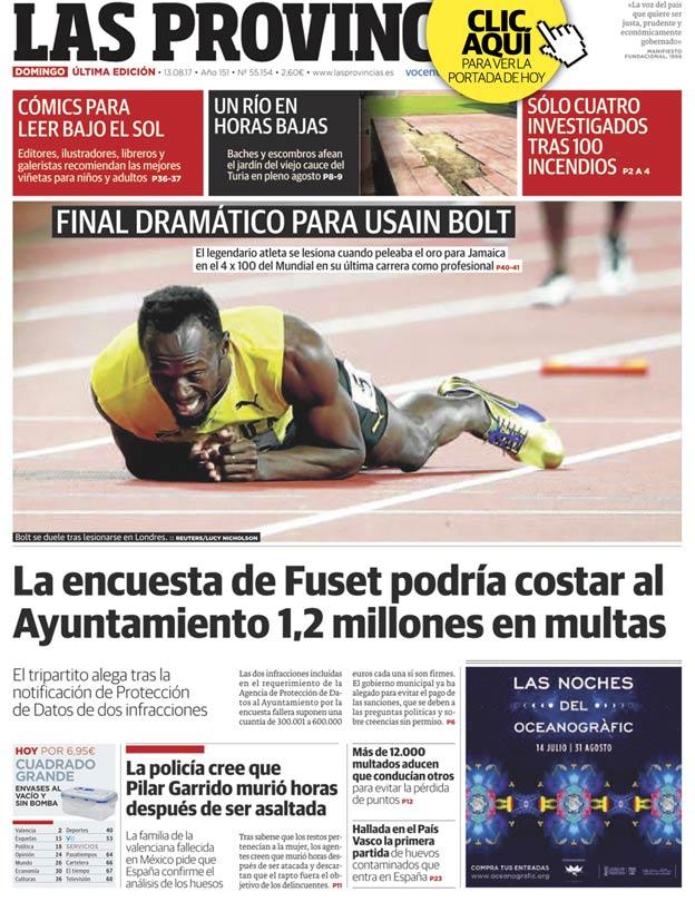Portada de LAS PROVINCIAS del domingo 13 de agosto de 2017