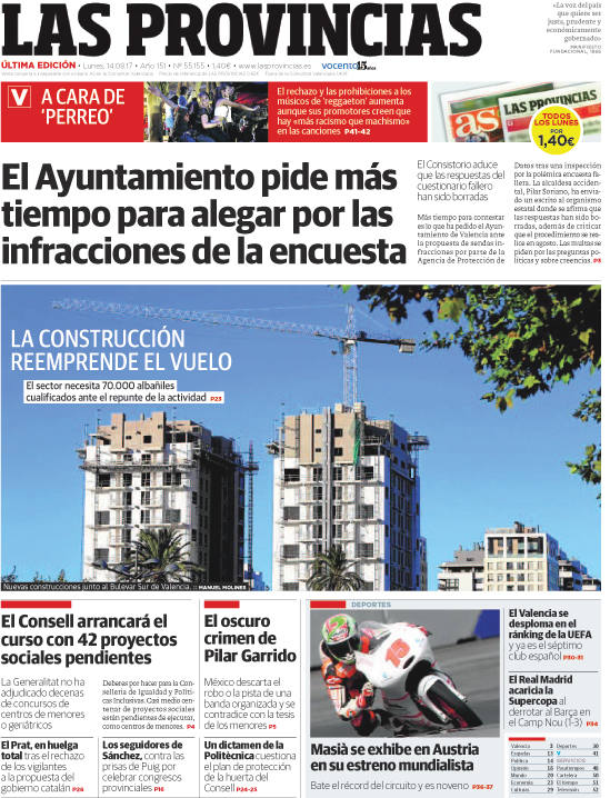 Portada de LAS PROVINCIAS del lunes 14 de agosto de 2017