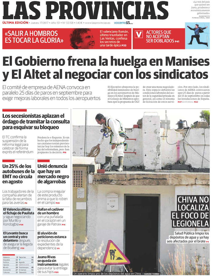 Portada de LAS PROVINCIAS del lunes 21 de agosto de 2017