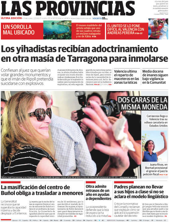 Portada de LAS PROVINCIAS del miércoles 23 de agosto de 2017