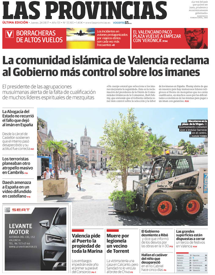 Portada de LAS PROVINCIAS del jueves 24 de agosto de 2017