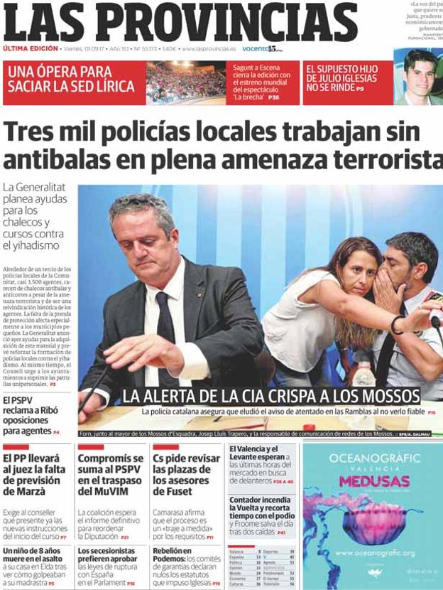 Portada de LAS PROVINCIAS del viernes 1 de septiembre de 2017