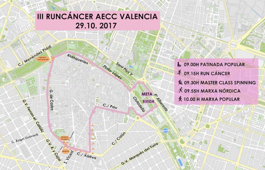 Calles cortadas el domingo 29 de octubre en Valencia por la Patinada Popular, la Master Class de Spinning, la Carrera Run Cáncer, la Marcha Nórdica y la Marcha a Pie
