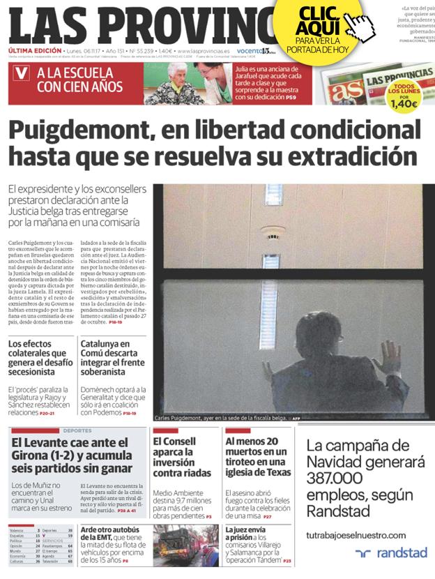 Portada de LAS PROVINCIAS del lunes 6 de noviembre de 2017