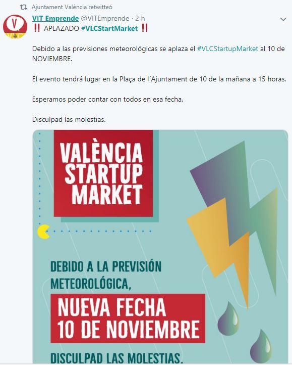 La previsión de lluvias obliga a suspender el VLCStartupMarket y el evento de Fortnite de la plaza del Ayuntamiento
