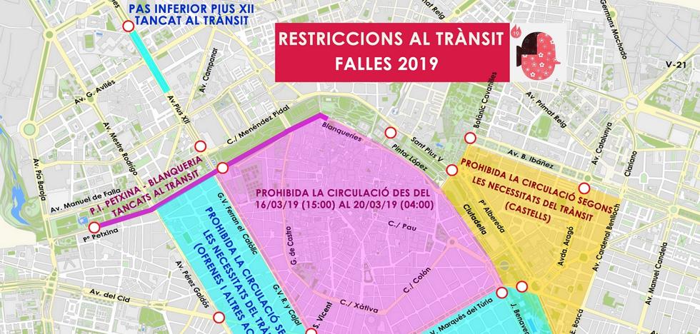 El mapa de los cortes de calles en Valencia durante las Fallas 2019