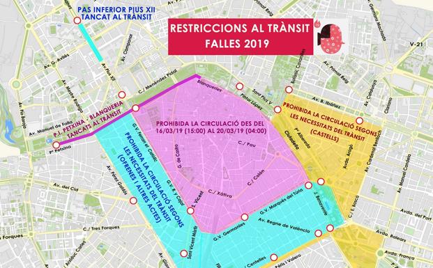 El mapa de los cortes de calles en Valencia durante las Fallas 2019