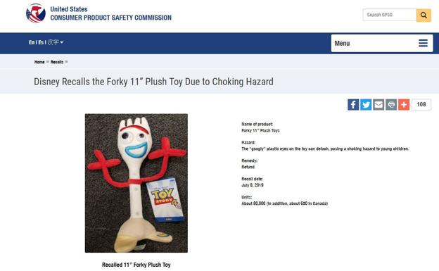 Disney retira los juguetes de Forky, la estrella de 'Toy Story 4', tras detectar riesgo para los niños