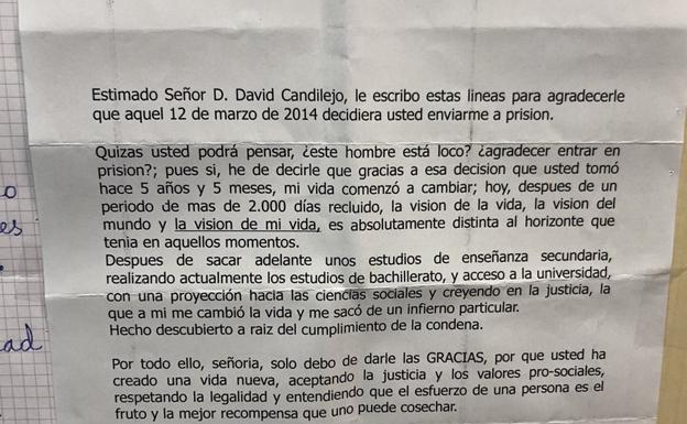 Un preso agradece en una carta al juez que lo mandó a la cárcel por «darle una vida nueva»