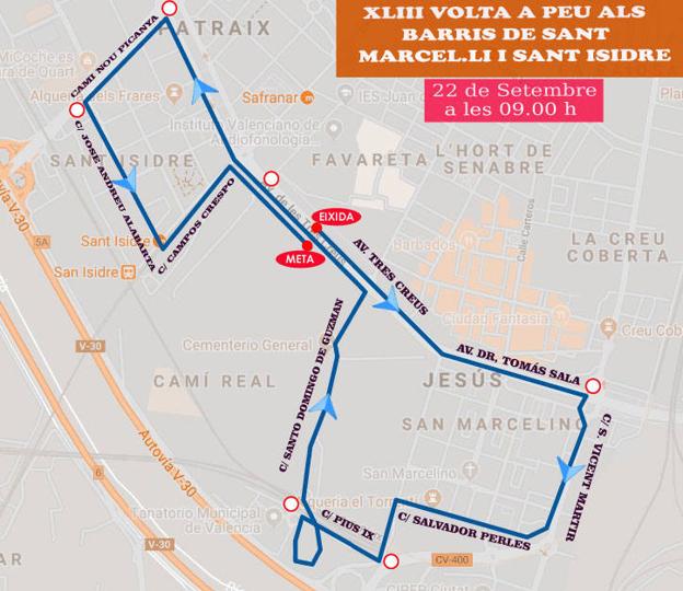 Calles cortadas el domingo en los barrios de San Marcelino y San Isidro de Valencia por la 43ª Volta a Peu, horario de salida y recorrido