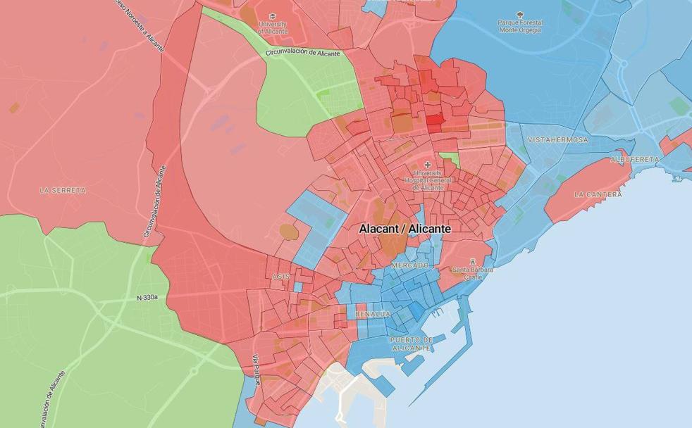 Mapa del resultado de las elecciones del 10N en Alicante, por distritos y calles