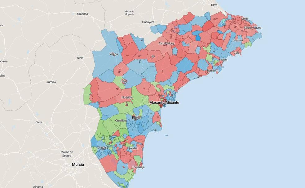 Mapa de los resultados de las elecciones del 10N en Alicante, por municipios