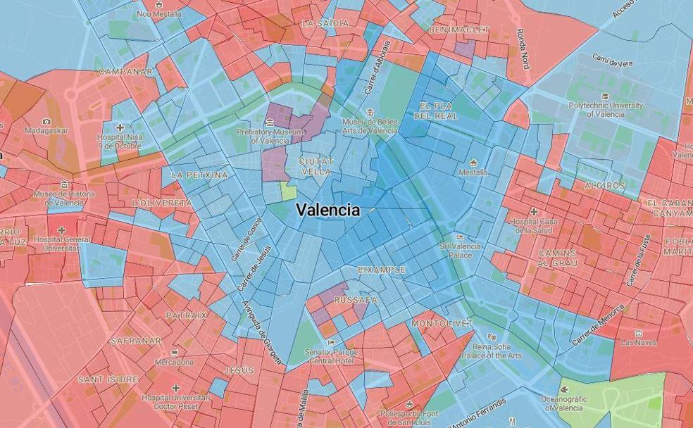 Mapa del resultado de las elecciones del 10N en Valencia, por distritos y calles