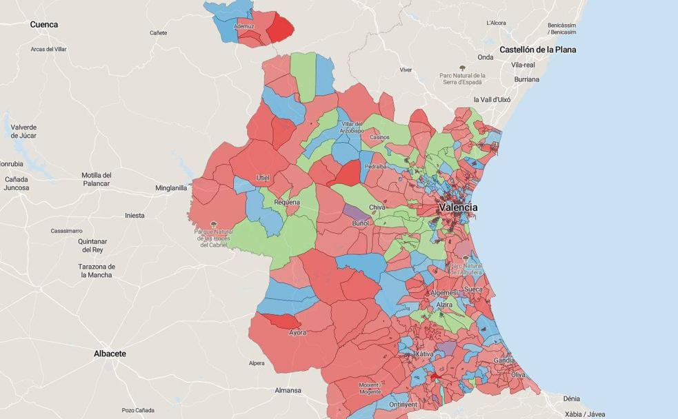 Mapa de los resultados de las elecciones del 10N en Valencia, por municipios