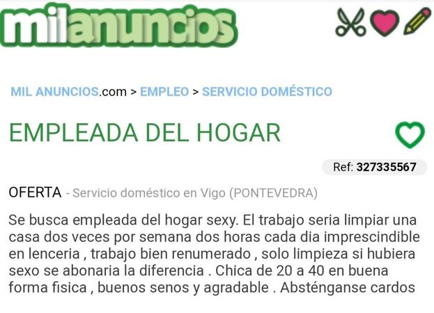 Denigrante oferta de empleo: «Se busca empleada del hogar en lencería. Si hubiera sexo se abonaría la diferencia. Abstenerse cardos»