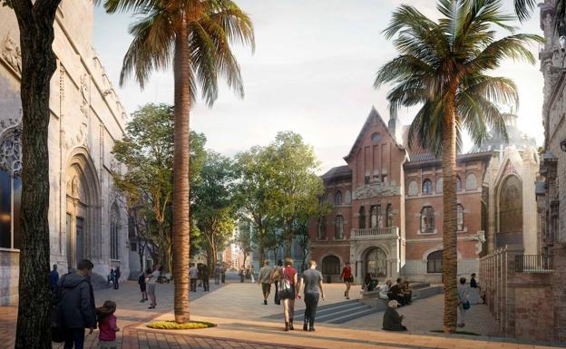 Palmeras, adoquines, un graderío y zonas peatonales alrededor del Mercado Central