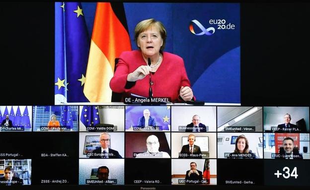 Intervención de Angela Merkel en la reunión que mantuvieron por videoconferencia los líderes de los comunitarios./R. C.