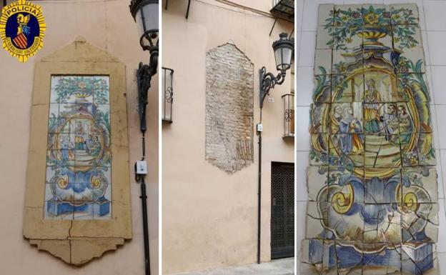 Recuperan un panel cerámico del Siglo XVIII que se desprendió de una fachada en Valencia