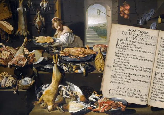 Escena de cocina (Flandes, s. XVII) y menú de Navidad incluido en 'Arte de cozina' (1611). /