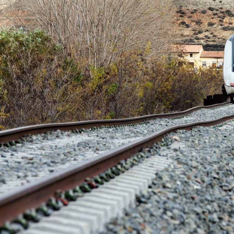 Los ciclistas adelantan a un tren de la línea a Zaragoza