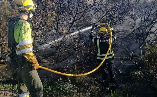 Los bomberos controlan un incendio en las dunas de Torrevieja, frente a la urbanización Pino Mar