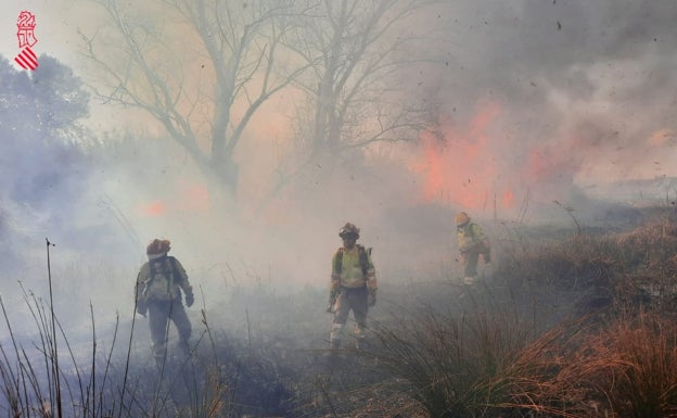 Un incendio en el cauce del río Magro se queda a pocos metros de varios chalés en Montserrat