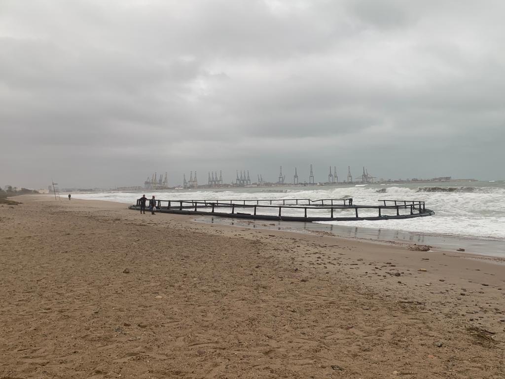 El temporal arroja a la playa de El Saler una piscifactoría