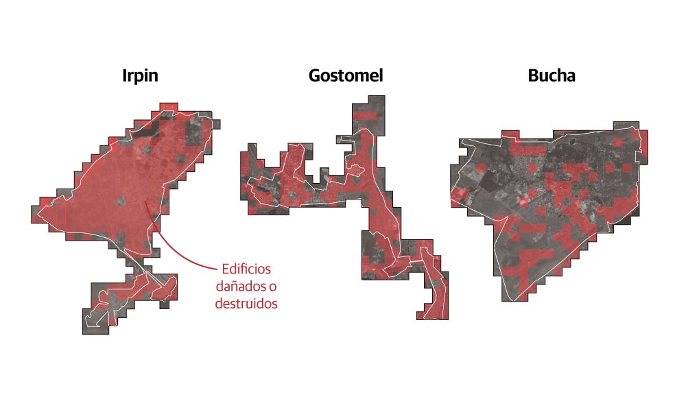 La devastación en Irpin, Gostomel o Bucha: la mitad de los edificios destruidos