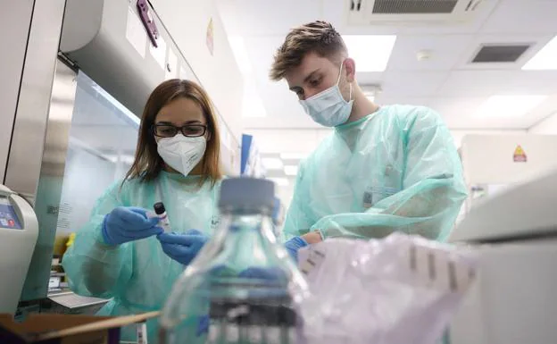 Varios técnicos de laboratorio del Hospital Gregorio Marañón realizan una PCR para la viruela del simio.