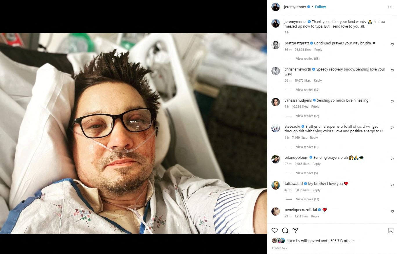 Jeremy Renner, Ojo de Halcón en Marvel, reaparece tras su accidente: «Estoy hecho un desastre»