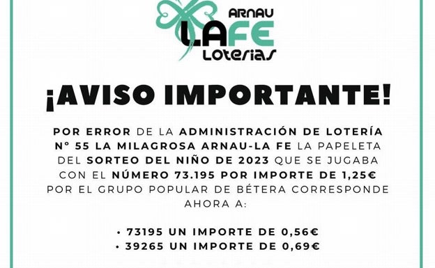 Venden por error décimos del número del sorteo del Niño con el que jugaba el PP de Bétera