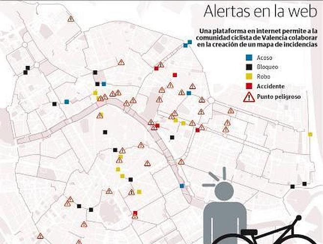 El mapa de los peligros ciclistas en Valencia