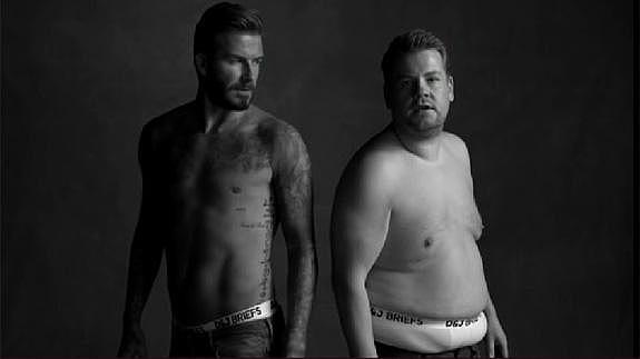 David Beckham parodia su anuncio de calzoncillos con James Corden