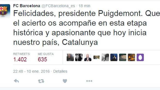 El Barcelona a Puigdemont: «Que el acierto os acompañe en esta estapa que inicia nuestro país, Catalunya'