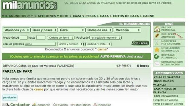 Una pareja valenciana pone un anuncio en internet para que los cazadores les den la comida sobrante