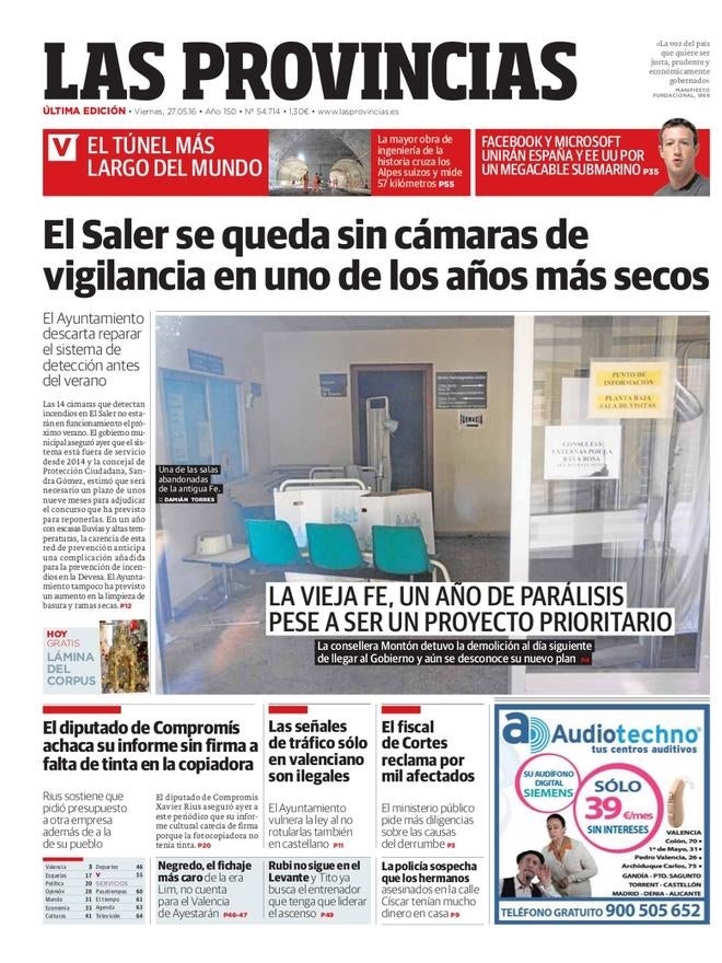 Portada de LAS PROVINCIAS del viernes 27 de mayo de 2016
