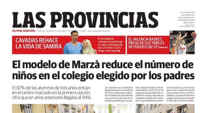 Portada de LAS PROVINCIAS del viernes 3 de junio de 2016