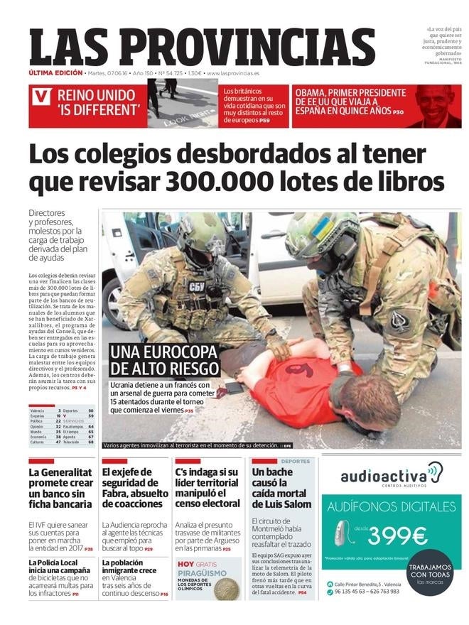 Portada de LAS PROVINCIAS del martes 7 de junio de 2016