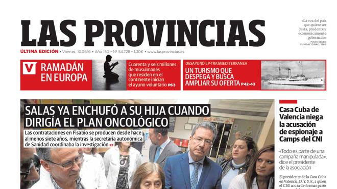 Portada de LAS PROVINCIAS del viernes 10 de junio de 2016