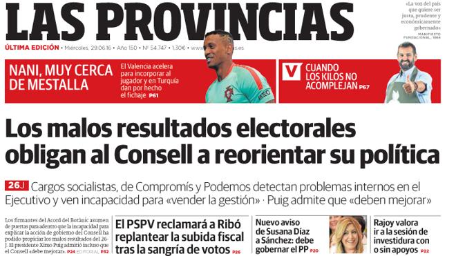 Portada de LAS PROVINCIAS del miércoles 29 de junio de 2016