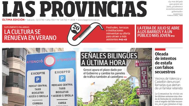 Portada de LAS PROVINCIAS del sábado 2 de julio de 2016