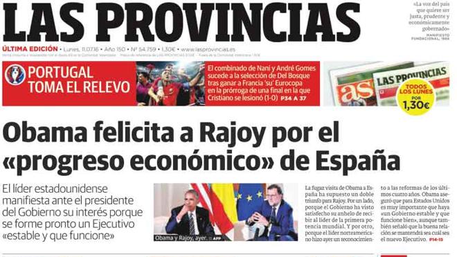 Portada de LAS PROVINCIAS del lunes 11 de julio de 2016