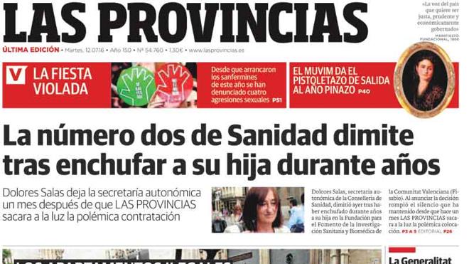Portada de LAS PROVINCIAS del martes 12 de julio de 2016