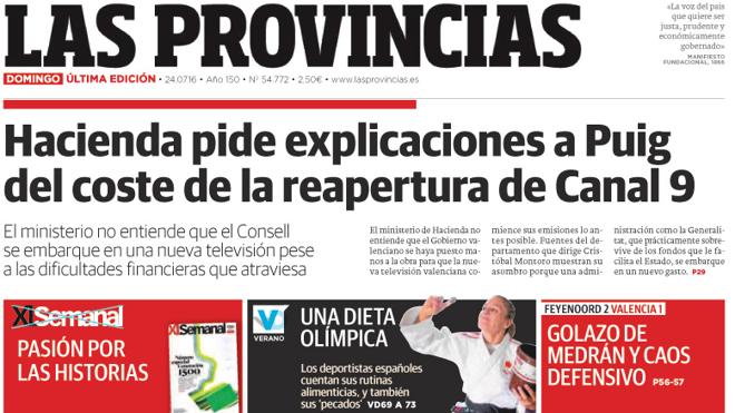 Portada de LAS PROVINCIAS del domingo 24 de julio de 2016