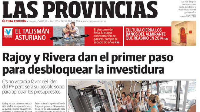 Portada de LAS PROVINCIAS del jueves 4 de agosto de 2016