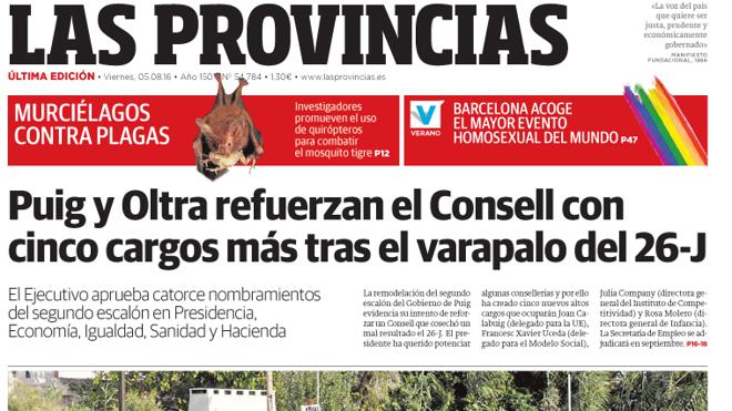 Portada de LAS PROVINCIAS del viernes 5 de agosto de 2016
