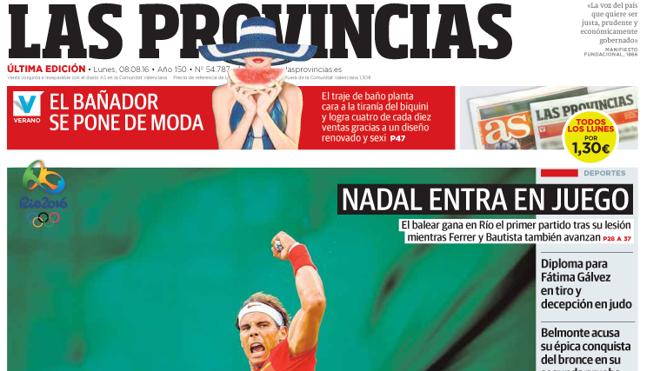 Portada de LAS PROVINCIAS del lunes 8 de agosto de 2016